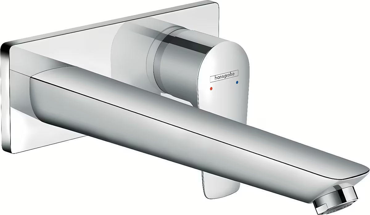 Hansgrohe Talis E potinkinė praustuvo svirtinis maišytuvas, chromo spalvos, pro montuojamas ant sienos.