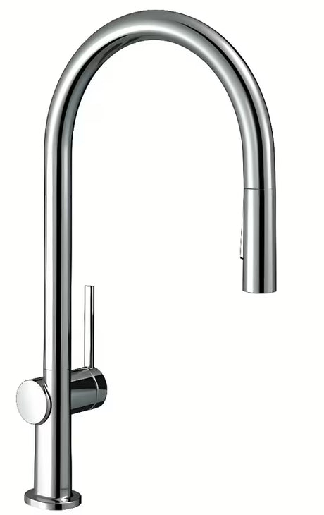 Chromuotas virtuvinis maišytuvas Hansgrohe Talis M54 su aukštu lenktu snapu ir ištraukiama dušo galvute.