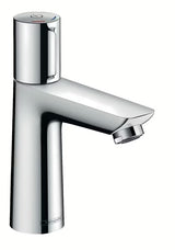 Chrominis praustuvo maišytuvas Hansgrohe Talis Select E su mygtuku Select, modernaus kampuoto dizaino.