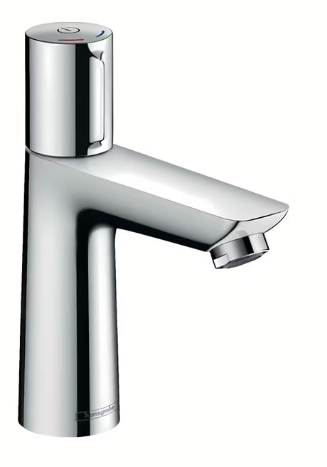 Chrominis praustuvo maišytuvas Hansgrohe Talis Select E su mygtuku Select, modernaus kampuoto dizaino.