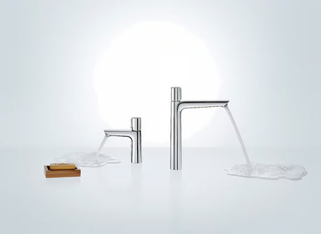 Chrominis praustuvo maišytuvas Hansgrohe Talis Select E su mygtuku Select, modernaus kampuoto dizaino.