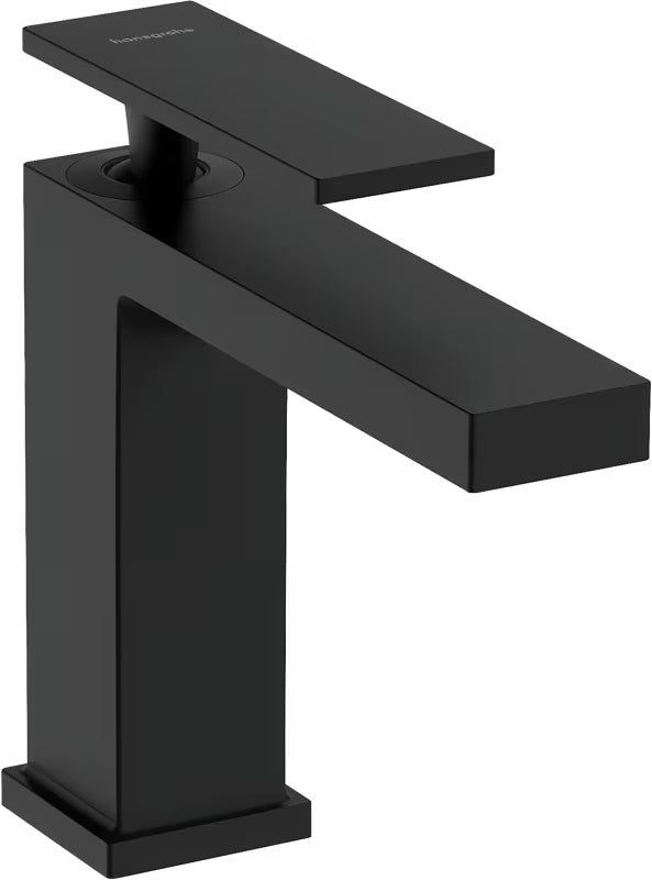 Praustuvo svirtinis maišytuvas hansgrohe Tecturis E 110 matinės juodos spalvos su praustuvo dugno vožtuvas su plačia WaterfallStream srove.