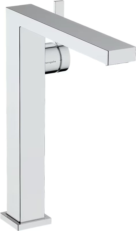 Aukštas praustuvo maišytuvas Hansgrohe Tecturis E chromo spalvos su rankenėle ir Push open dugno vožtuvu.