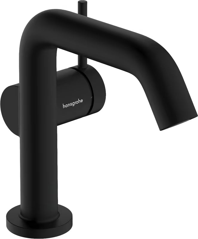 Matinės juodos spalvos praustuvo maišytuvas Hansgrohe Tecturis S 110 Fine su šonine rankenėle ir Push open dugno vožtuvu.
