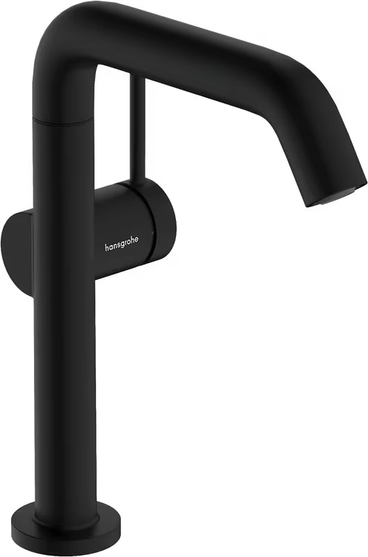 Juodos matinės spalvos svirtinis praustuvo maišytuvas hansgrohe Tecturis S su pasukamu snapu ir CoolStart technologija