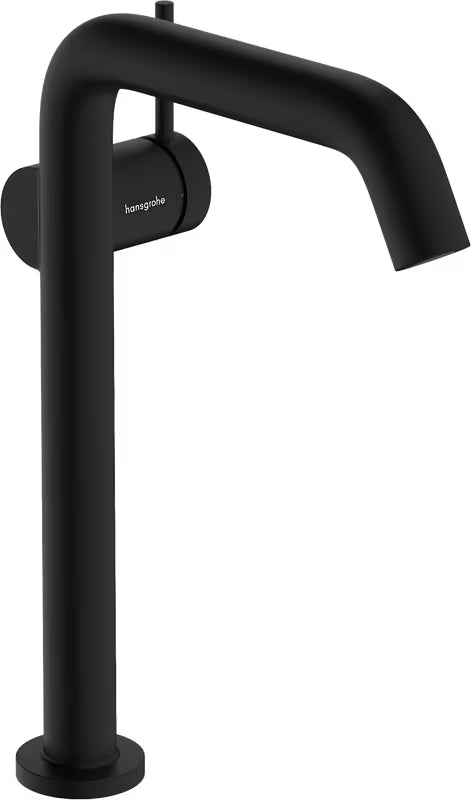 Aukštas praustuvo maišytuvas hansgrohe Tecturis S matinės juodos spalvos su šonine rankenėle ir Push open dugno vožtuvu.