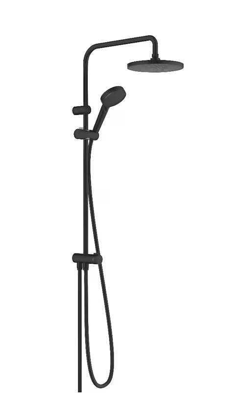 Dušo sistema hansgrohe Vernis Blend 200 Reno matinės juodos spalvos su 205 mm viršutiniu dušu ir rankiniu dušeliu.