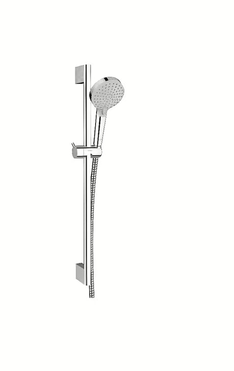 Dušo komplektas Hansgrohe Vernis Blend chromo spalvos, su rankiniu dušu, dušo stovu ir žarna pro montavimas ant sienos.