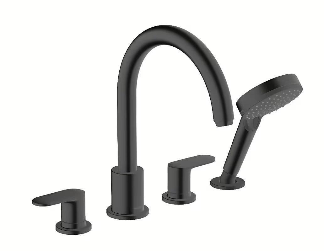 Hansgrohe Vernis Blend klasikiniai maišytuvai vonios maišytuvas ant vonios krašto su dušu, matinės juodos spalvos.