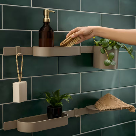 Smėlio spalvos dušo lentynėlė hansgrohe wallstoris Planet Edition pro šampūnui ir dušo reikmenims laikyti