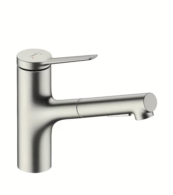 Virtuvinis maišytuvas Hansgrohe Zesis nerūdijančio plieno išvaizdos su ištraukiamu dušeliu su dviejų srovių perjungimu.