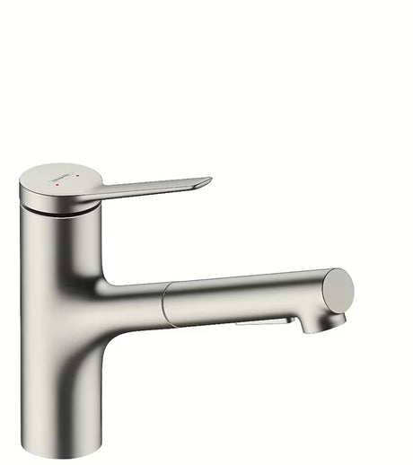 Nerūdijančio plieno virtuvinis maišytuvas Hansgrohe Zesis su ištraukiamu dušeliu su dviejų srovių perjungimu