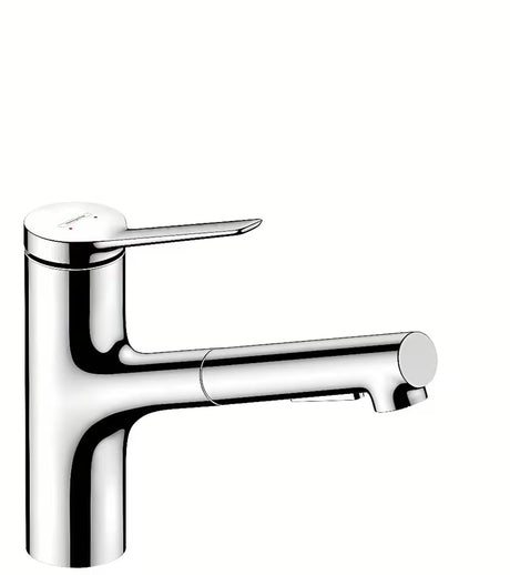 Chromuota virtuvinis maišytuvas Hansgrohe Zesis su ištraukiamu dušeliu su laminarinės ir dušo srovės perjungimu.