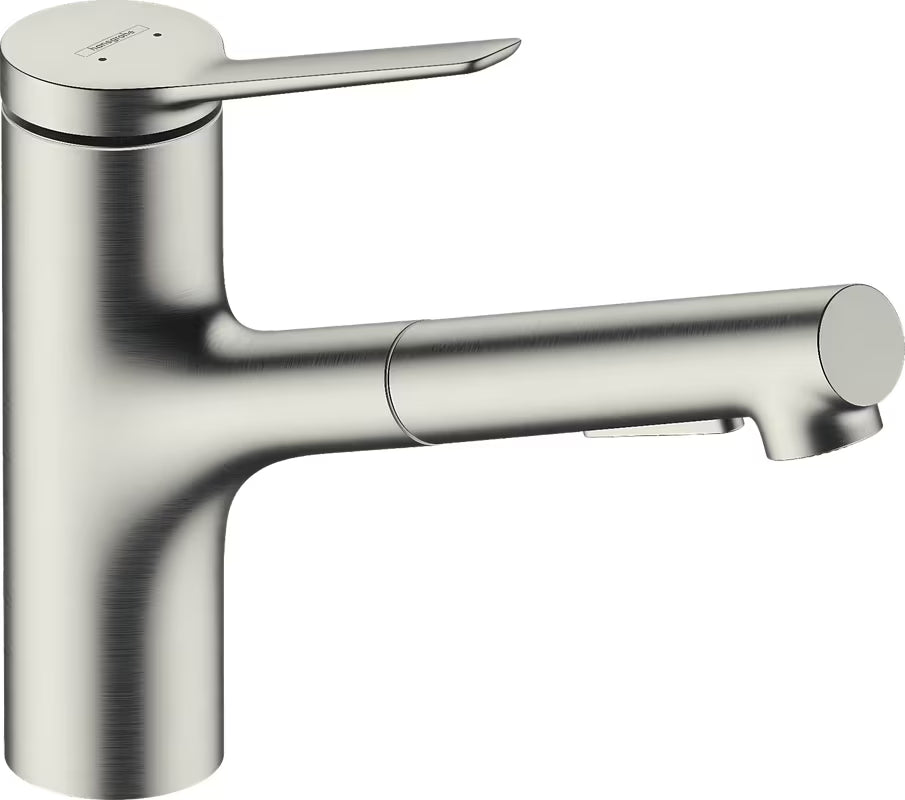 Virtuvinis maišytuvas Hansgrohe Zesis M33 nerūdijančio plieno išvaizdos, su metaliniu ištraukiamu dušeliu ir pasukamu snapu