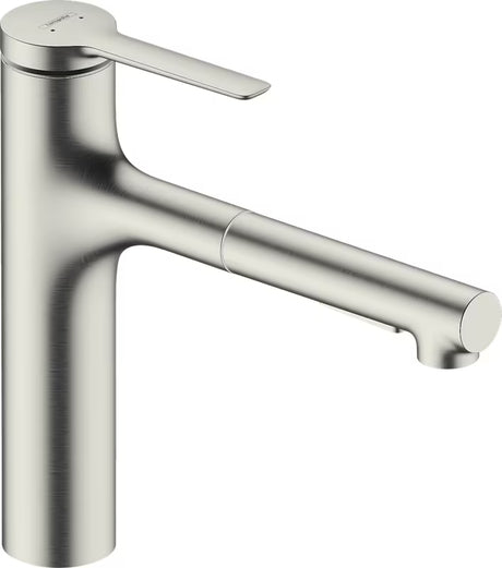 Hansgrohe Zesis M33 virtuvinis maišytuvas nerūdijančio plieno išvaizdos, su metaliniu ištraukiamu dušeliu ir 2 srovių perjungimu.