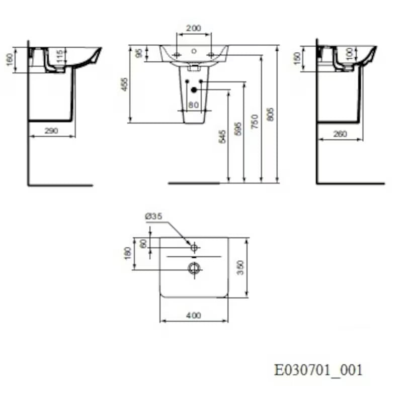 Baltas keraminis mažas praustuvas Ideal Standard Connect Air 40x35 cm, kvadratinio minimalistinio dizaino