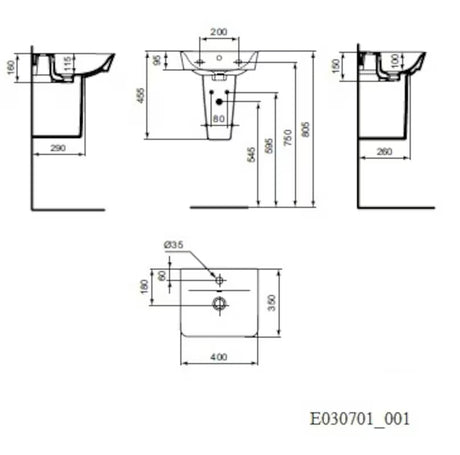 Baltas keraminis mažas praustuvas Ideal Standard Connect Air 40x35 cm, kvadratinio minimalistinio dizaino