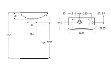 Baltas mažas praustuvas Ideal Standard Eurovit 50 x 23,5 cm su šonine anga pro maišytuvui dešinėje.