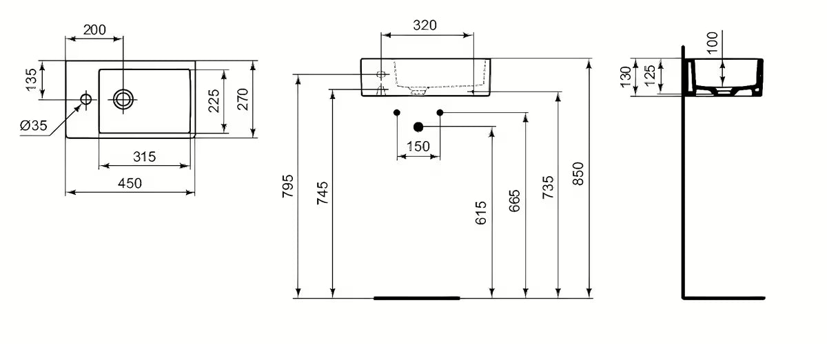 Ideal Standard Strada keraminis mažas praustuvas 45 x 27 cm baltos spalvos su anga maišytuvui kairėje