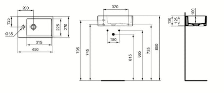 Ideal Standard Strada keraminis mažas praustuvas 45 x 27 cm baltos spalvos su anga maišytuvui kairėje
