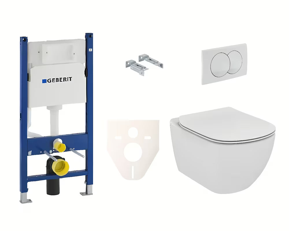 Pakabinami WC komplektas Ideal Standard Tesi su moduliu Geberit, Duofix ir baltu mygtuku Delta 20