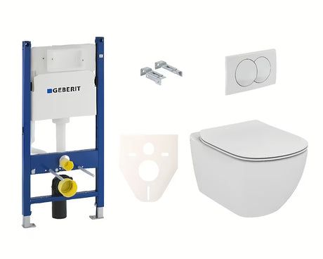 Pakabinami WC komplektas Ideal Standard Tesi su moduliu Geberit, Duofix ir baltu mygtuku Delta 20