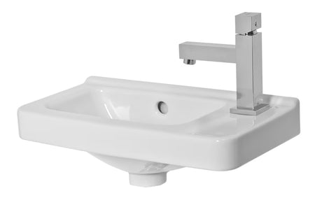 Baltas asimetrinis keraminis mažas praustuvas Jika Cubito 45 x 25 cm, su anga pro maišytuvui dešinėje