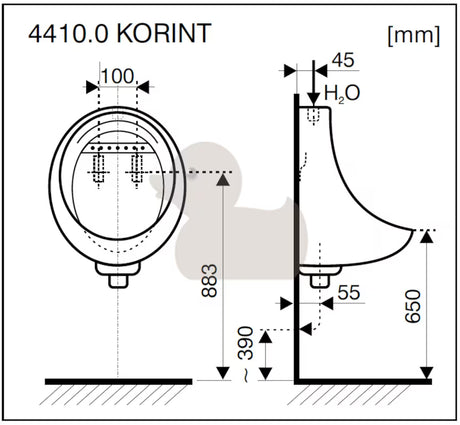 Baltas pisuaras Jika Korint pro su išoriniu vandens įvadu su sifonu