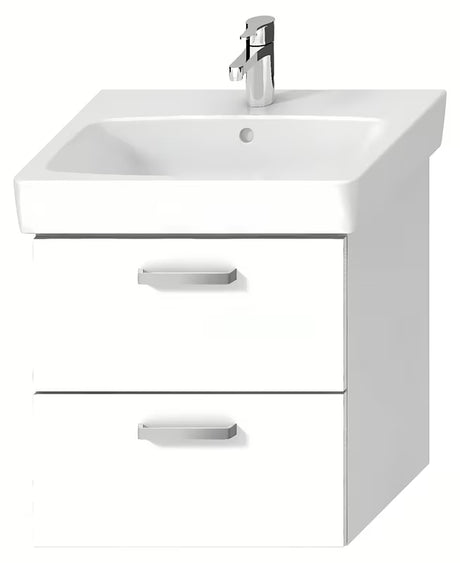 Balta pakabinama spintelė po praustuvu Jika Lyra Plus Viva 54x41,6x55 cm su šlifuoto nikelio rankenėlėmis.