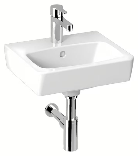Baltas keraminis baldinis mažas praustuvas Jika Lyra Plus Viva 40 cm su anga pro maišytuvui per vidurį