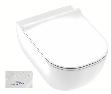 Baltas pakabinamas KLOZETAS Jika Mio-N su Rimless technologija, paslėptu tvirtinimu ir Jika Perla paviršiaus danga.