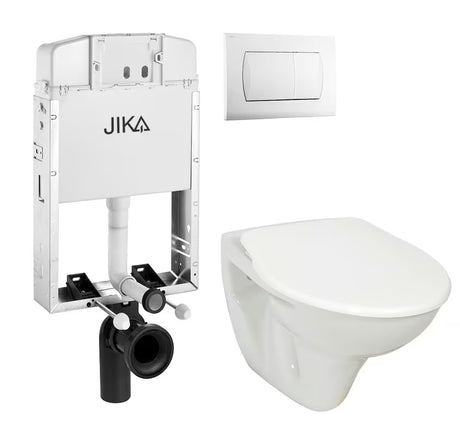 Pakabinami WC komplektas Jika S-Line Pro su potinkiniu bakeliu, baltu dviejų režimų mygtuku ir sėdyne