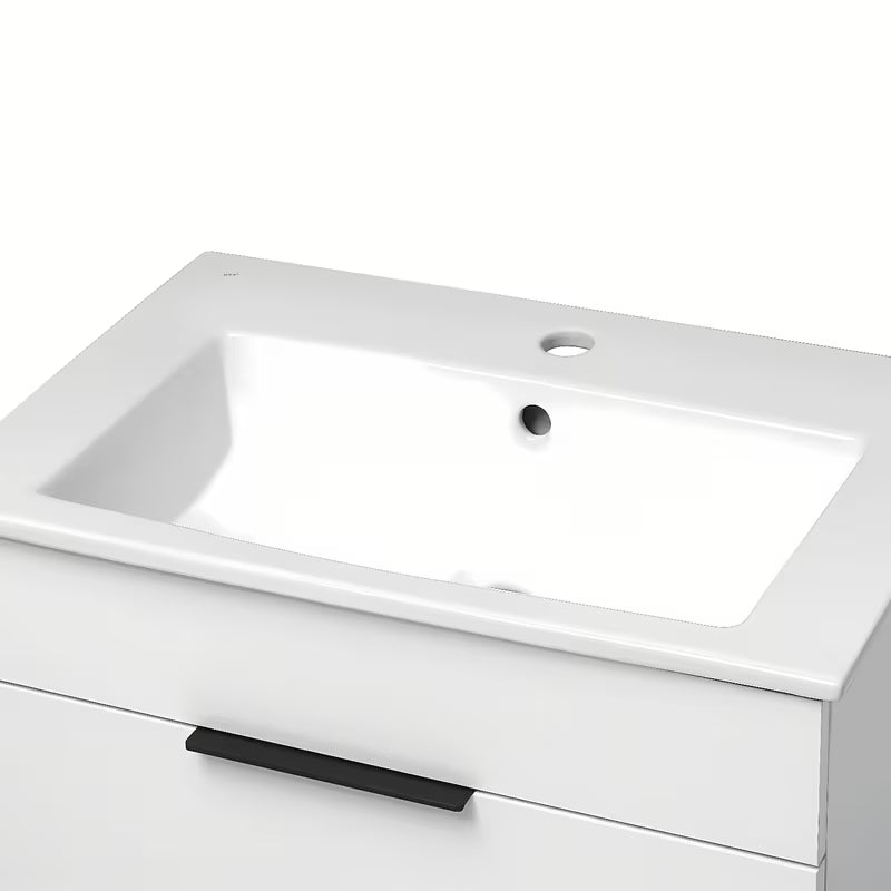 Balta pakabinama spintelė Jika Plan su keraminiu praustuvu ir pilno ištraukimo stalčiais.