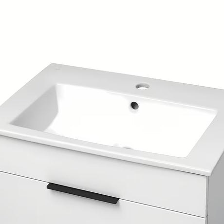 Balta pakabinama spintelė Jika Plan su keraminiu praustuvu ir pilno ištraukimo stalčiais.
