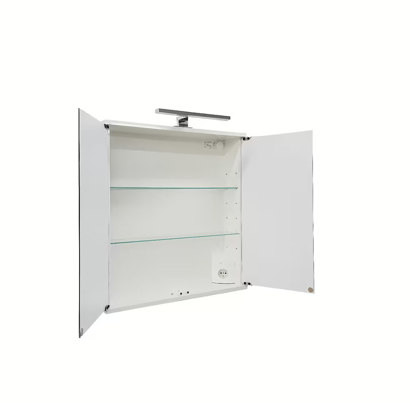 Balta veidrodinė spintelė Jokey Kandi 60 x 69 cm su stiklinėmis durelėmis ir LED taškiniu apšvietimu