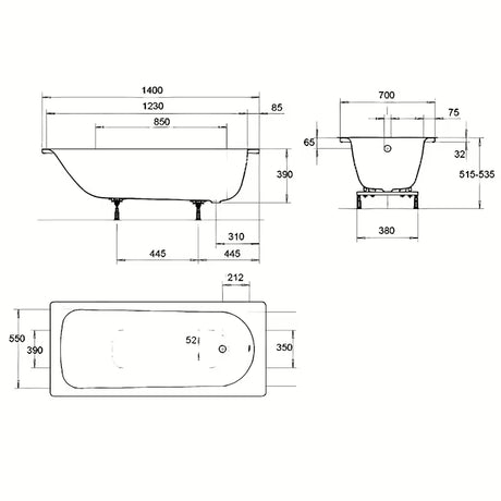 Balta stačiakampė vonia Kaldewei Eurowa 140 x 70 cm iš emaliuoto plieno.