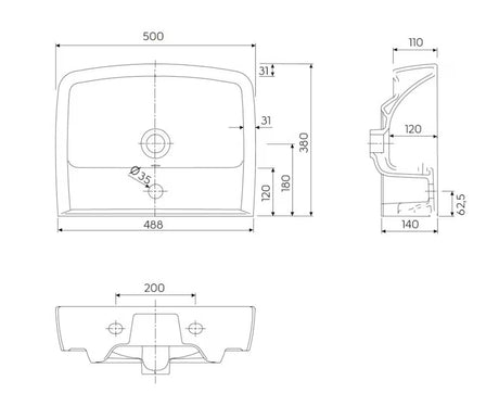 Keraminis baldinis praustuvas Kolo Rekord 50 x 38 cm, baltos spalvos, su anga pro maišytuvui centre.