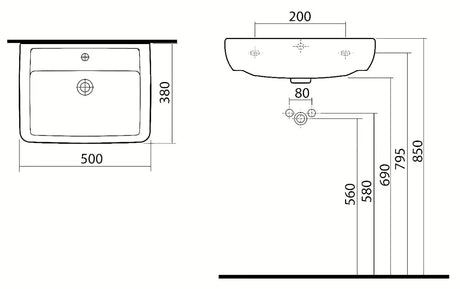 Keraminis baldinis praustuvas Kolo Rekord 50 x 38 cm, baltos spalvos, su anga pro maišytuvui centre.