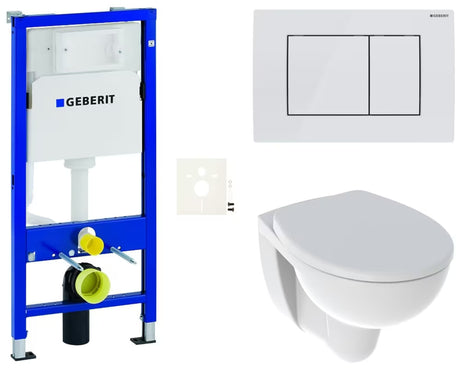 Pakabinami WC komplektas Kolo Rekord su moduliu Geberit Duofix, bekraščiu dubeniu ir baltu nuleidimo mygtuku.