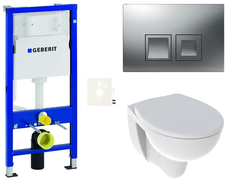 Pakabinami WC komplektas Kolo Rekord su moduliu Geberit Duofix ir matiniu chromo nuleidimo mygtuku.