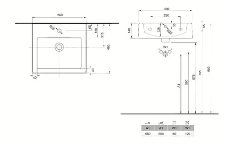 Kolo Twins pakabinami keraminis praustuvas, baltas, 50x46 cm, su daiktų pasidėjimo vieta ir anga pro maišytuvui per vidurį