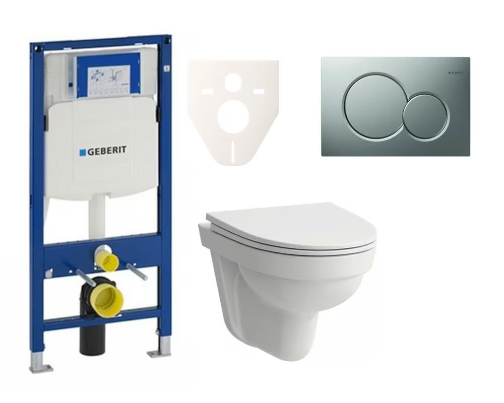 Pakabinami WC komplektas Laufen Pro Nordic su moduliu Geberit Duofix ir matinio chromo apdailos nuleidimo mygtuku.