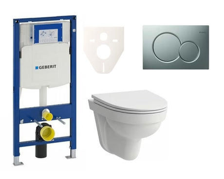 Pakabinami WC komplektas Laufen Pro Nordic su moduliu Geberit Duofix ir matinio chromo apdailos nuleidimo mygtuku.