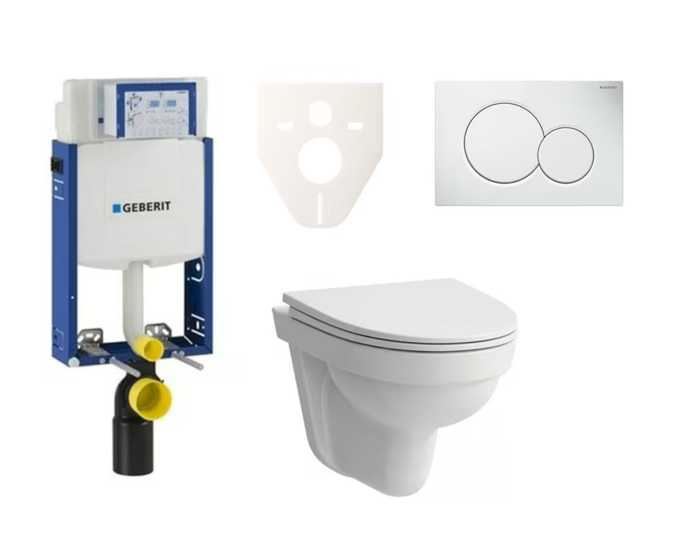 Pakabinami WC komplektas Laufen Pro Nordic su potinkiniu bakeliu Geberit Kombifix ir baltu nuleidimo mygtuku.