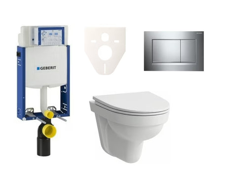 Pakabinami WC komplektas Laufen Pro Nordic įmūrijimui su bakeliu Geberit Kombifix ir blizgaus chromo nuleidimo mygtuku.