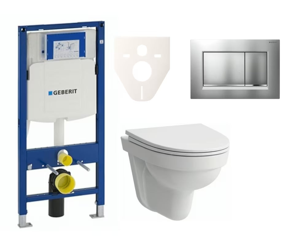 Pakabinami WC komplektas Laufen Pro Nordic su moduliu Geberit Duofix, matinio chromo nuleidimo mygtuku ir sėdyne softclose.