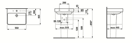 Baltas pakabinamas praustuvas Laufen Pro S su anga maišytuvui centre, 55x46,5 cm.