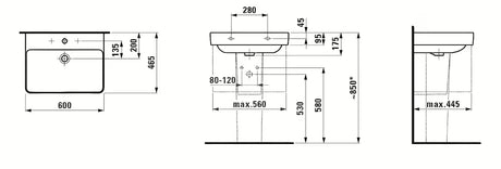 Baltas pakabinami keraminis praustuvas Laufen Pro S su anga maišytuvui centre, 60x46,5 cm.