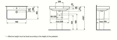 Baltas pakabinami keraminis praustuvas Laufen Pro S 70x46,5 cm su anga maišytuvui centre