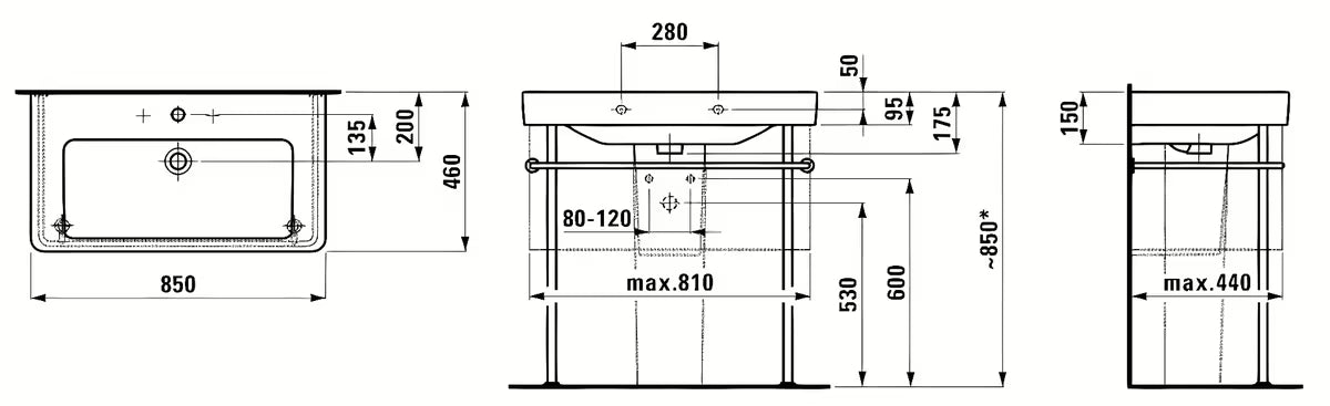 Baldinis praustuvas Laufen Pro S 85x46 cm iš blizgios baltos keramikos su anga pro maišytuvui per vidurį.